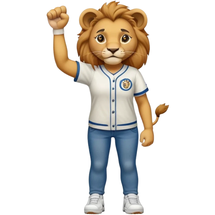 friendly anthropomorphised female lion wearing a baseball shirt, jeans, trainers, standing upright with one fist raised, looking determined and confident emoji