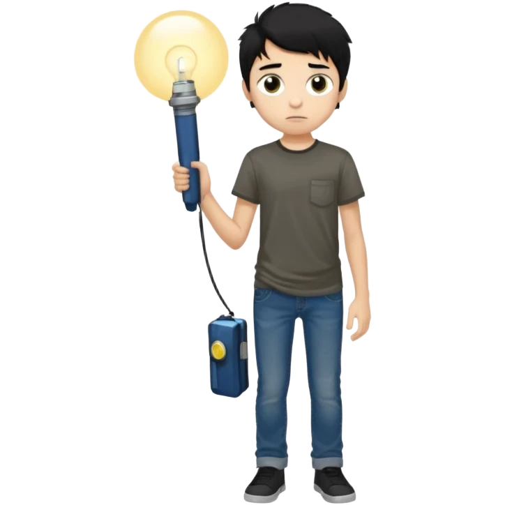  > 15-year-old boy, 165 cm tall, slim build, light tan skin, messy black hair, dark brown eyes with dark circles, wearing a dark t-shirt and faded jeans, holding a small flashlight, expression of curiosity mixed with fear, dim and foggy background, realistic style. emoji