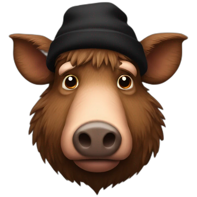 fullface really sad big brown boar with black winter hat emoji