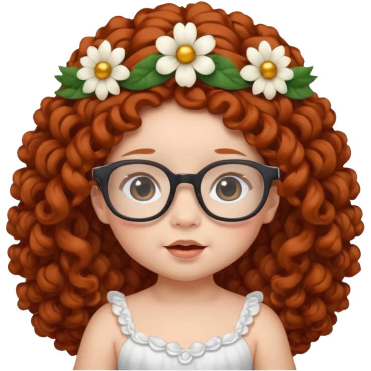 baby with big flower tiara dark ginger long curly hair and glassess emoji