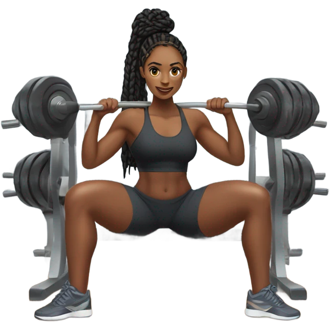 Black woman with long knotless braids with a slim thick build, doing leg day at the gym  emoji