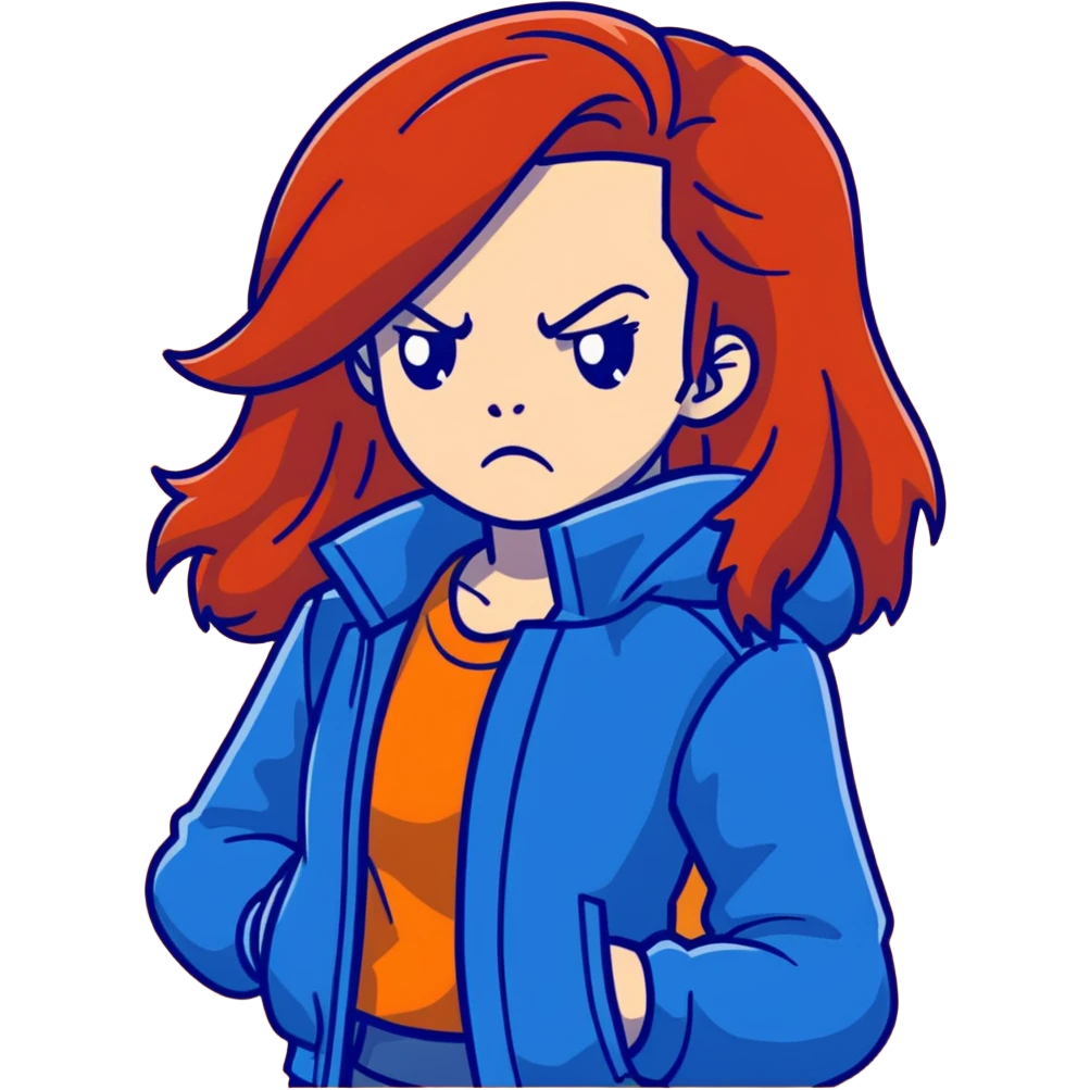 Redhead girl with long hair in blue jacket looking angry emoji