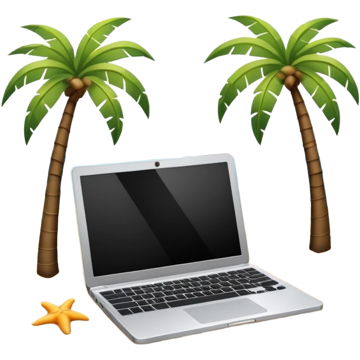  An open laptop on the beach. bildschirm ist schwarz und im hintergrund sind palmen, meer emoji