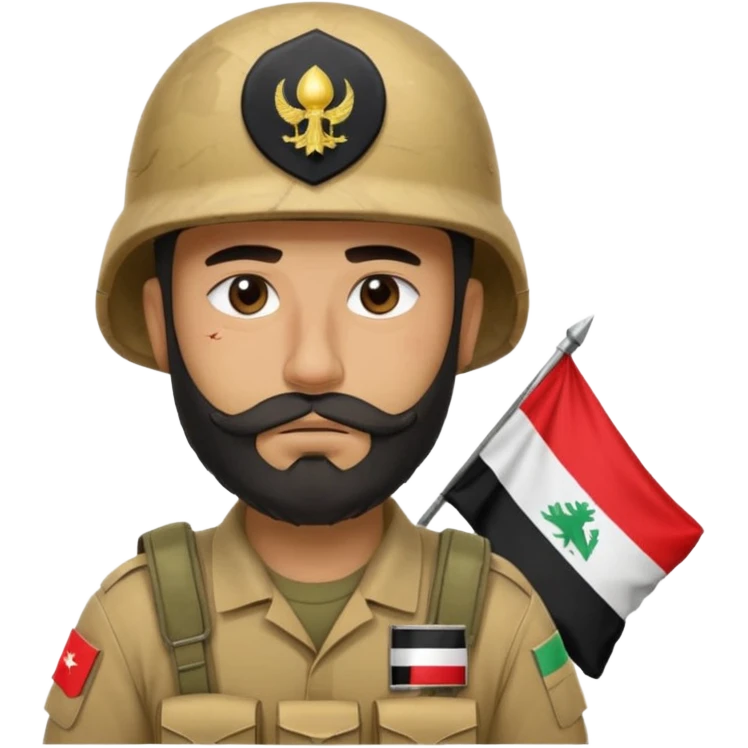 A very tired and sad, swarthy Iraqi soldier with a beard, an Iraqi flag on his helmet, a sad expression and bags under his eyes emoji