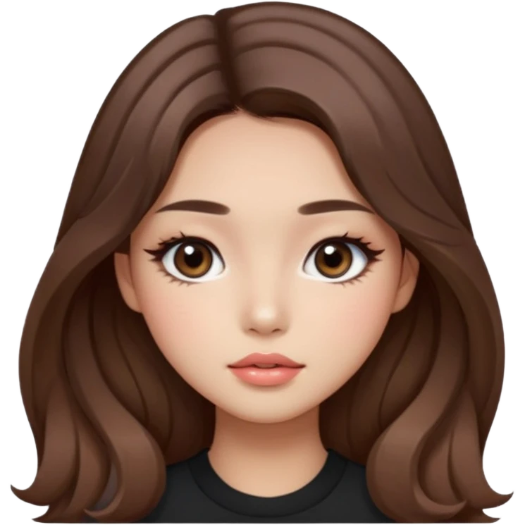 “korean straight brown hair Emoji girl, soft eyeliner and blush, gradient lips, light brown shimmer eyeshadow, long wavy hair,  emoji