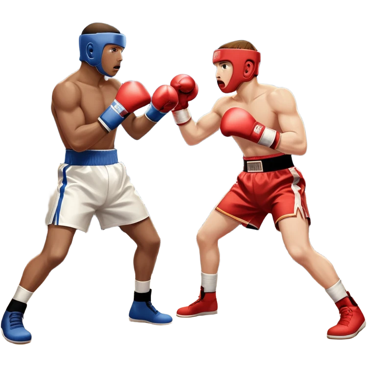 An icon showing two professional boxers in the middle of an intense fight in the ring. They are wearing gloves and protective gear, with one boxer throwing a punch while the other dodges. The background features bright lights, a cheering crowd, and the ropes of the boxing ring. emoji