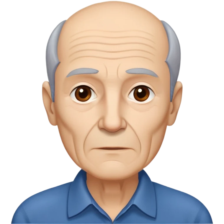 Elderly thin man with light skin. Narrow face with visible cheekbones and jawline. Signs of aging with some wrinkles. Expressive dark brown eyes, thick eyebrows. Short brown hair with receding hairline. Untidy brown beard with some gray strands. Wearing a dark blue shirt. emoji