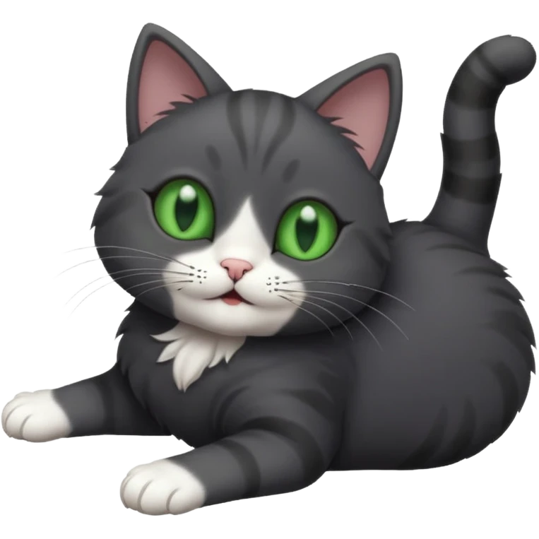 solid dark grey cat with green eyes, white toes/paws playfully rolling upside down emoji