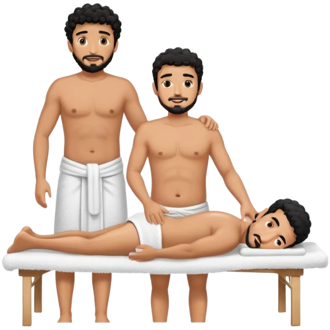 Gebräunter Manm nur mit handtuch um den unterkörper (araber mit schwarzen locken und ziegenbart) bekommt ganzkörpermassage von einem anderen mann emoji