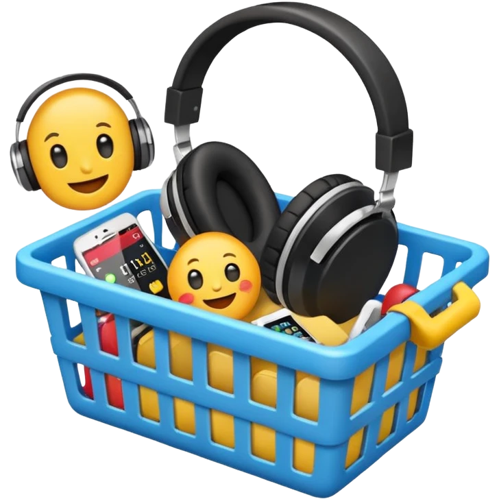 shopping basket containing a smartwatch, headphones, and USB drive emoji emoji