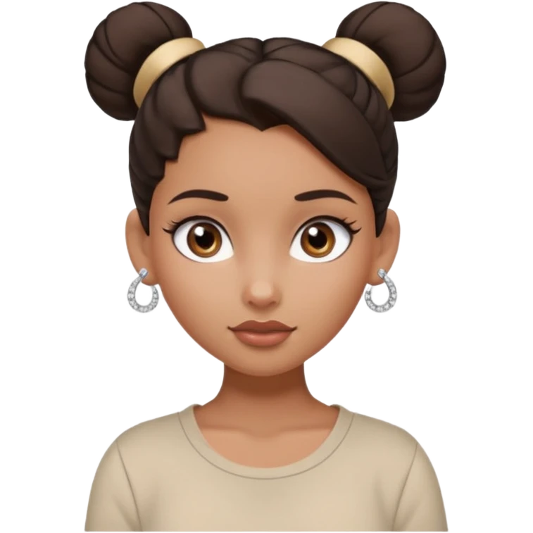 generate a pretty bratz girl with dark brown eyes. Dark brown hair tied in a single bun, tight beige shirt with top shirt open. diamond studs in ears. airpods in ear emoji
