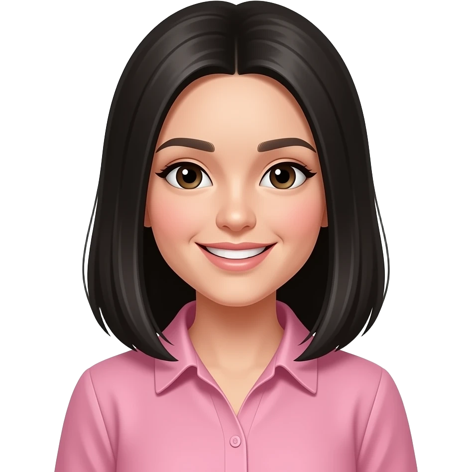 Gere um emoj de uma linda moça de pele clara,cabelo médio, na altura do ombro,,liso,preto, sorrindo. A moça veste uma blusa mula manca pink emoji