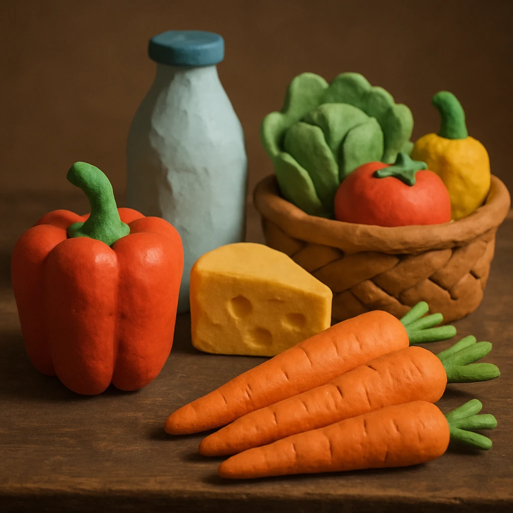 claymation style organic products on a rustic table emoji