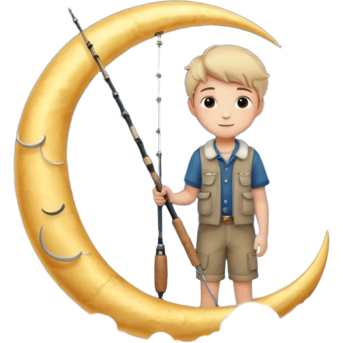 A dreamy night sky with a crescent moon. A boy sits on the moon holding a fishing rod, surrounded by soft clouds and stars. Magical and peaceful atmosphere. emoji
