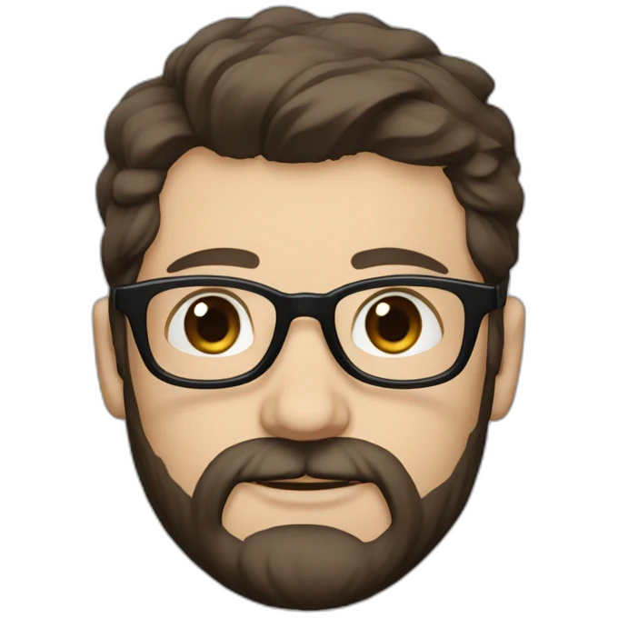 White man with blue eyes and dark brown hair, styled sideways backwards. He has a beard and mustache trimmed and wears a black t-shirt and vintage glasses. emoji