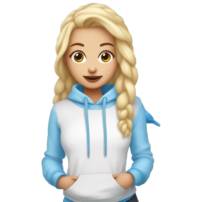 Crea una chica de piel blanca pelo cafeclaro con una sudadera azul claro y que tenga alado unos pajaritos agapornis  emoji
