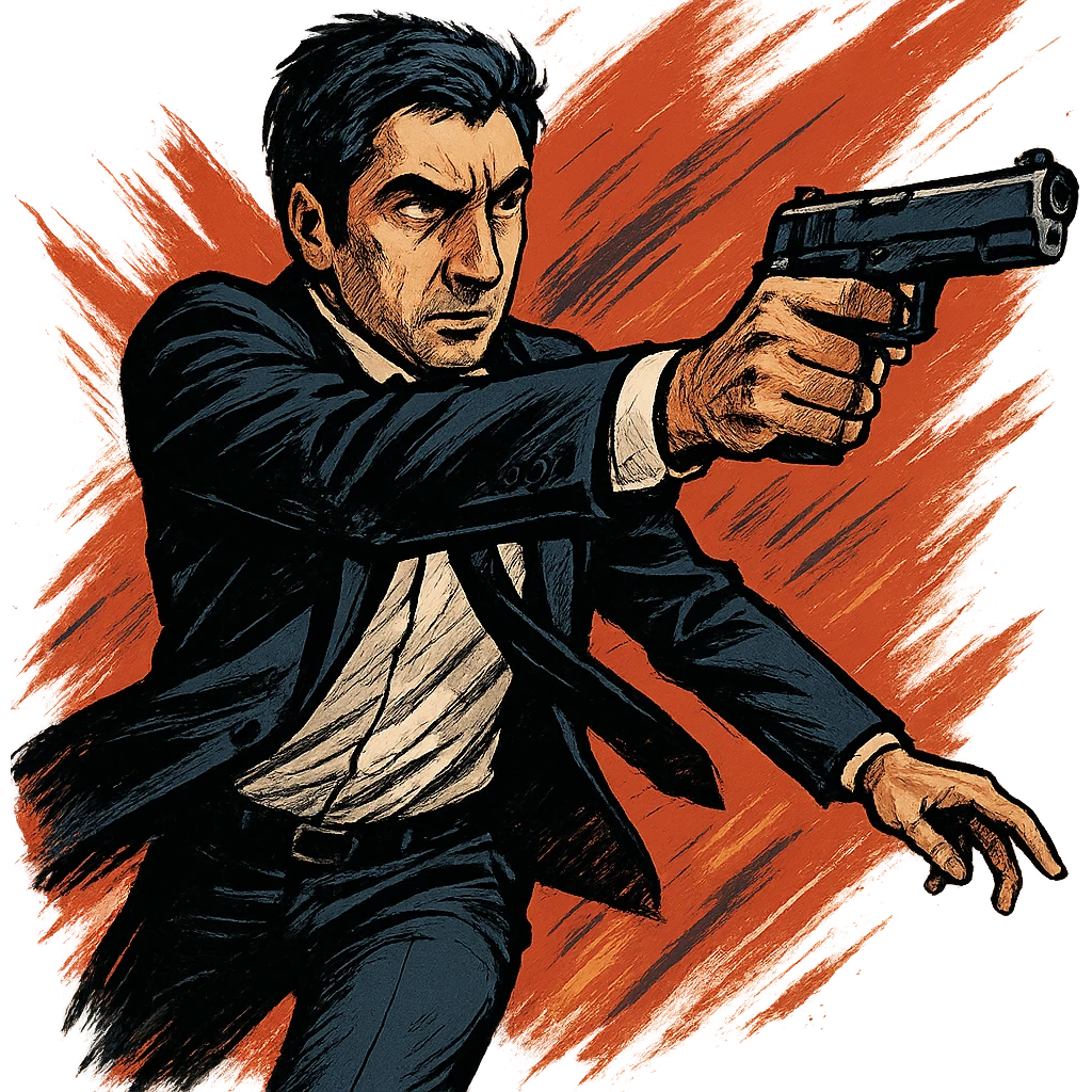 Polat Alemdar, action pose, holding a gun, determined look, suit, dynamic composition, graphic novel style, dramatic and vivid emoji