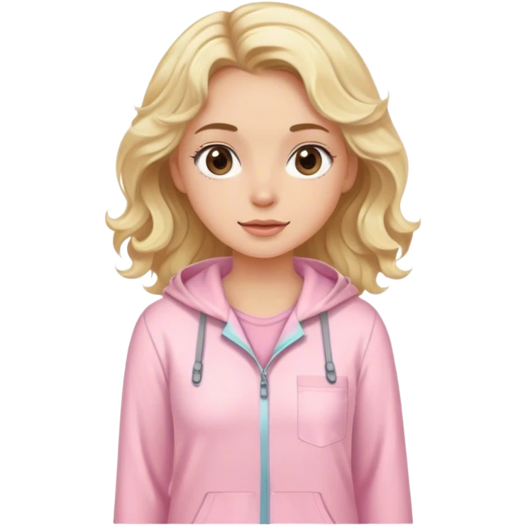 Blonde model with brown eyes, wavy hair, pastel pink pajamas, hiking fashion  emoji