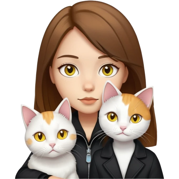 Light-skinned girl with brown straight hair wearing a black jacket, with a pure white cat with yellow eyes and a calico cat emoji