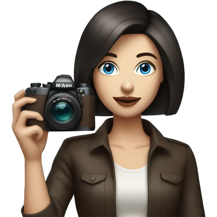 Portrait of stylish woman with blue eyes and dark brown bob hair holding a nikon camera emoji