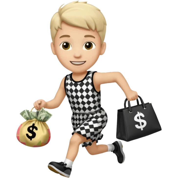 Robber running with Money bag black and white check dress boy emoji