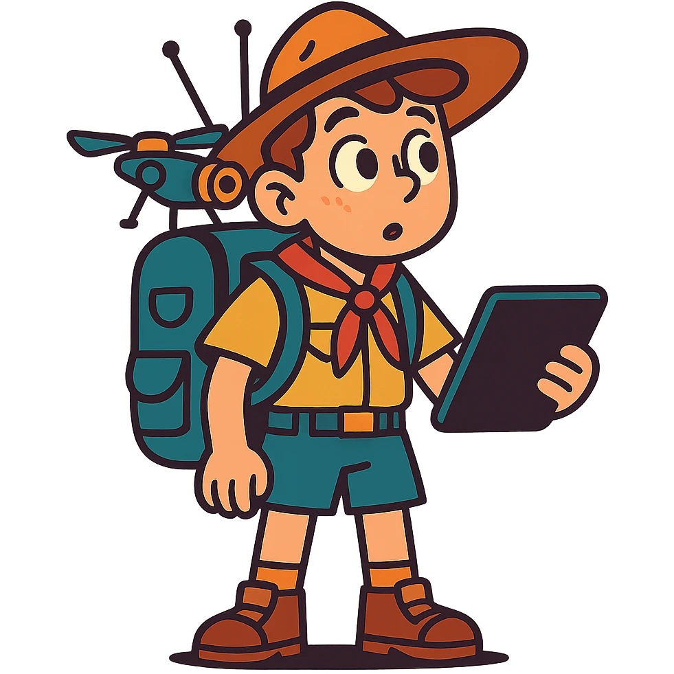 young scout with a tablet and antennas on his backpack, small drone perched on his shoulder, curious expression emoji