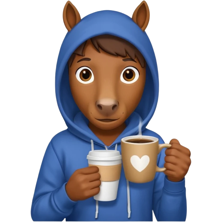  horse with hoodie character holding coffee emoji