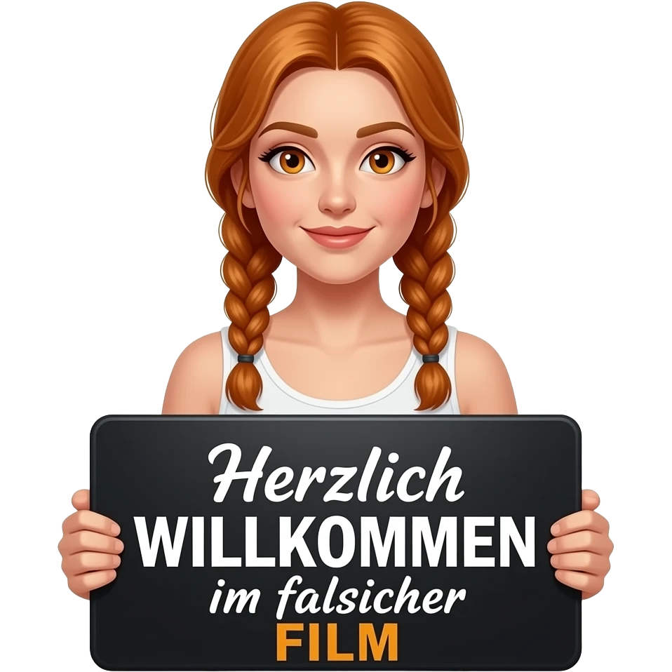 sexy girl with long ginger braids and ginger eyes wearing a white tanktop is holding a big black sign with Herzlich WILLKOMMEN im falschen FILM written on it emoji