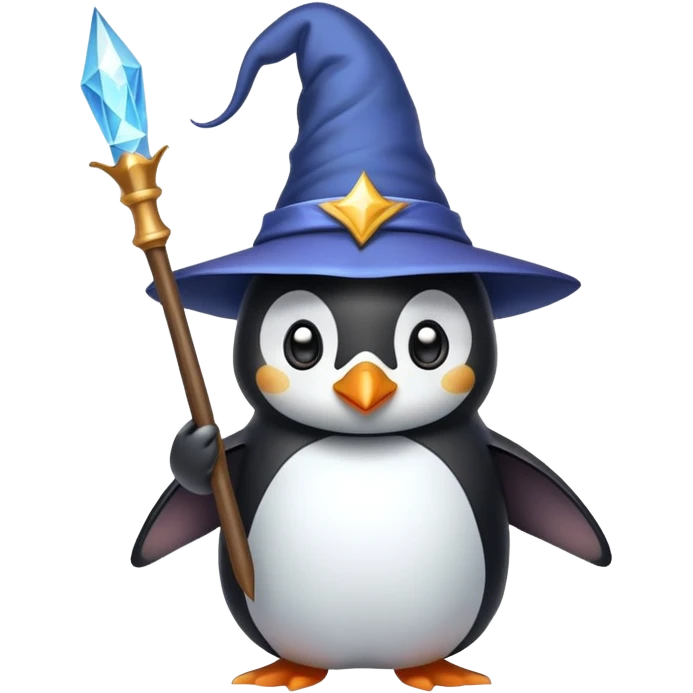 penguin wizard with magic wand and pointy hat emoji