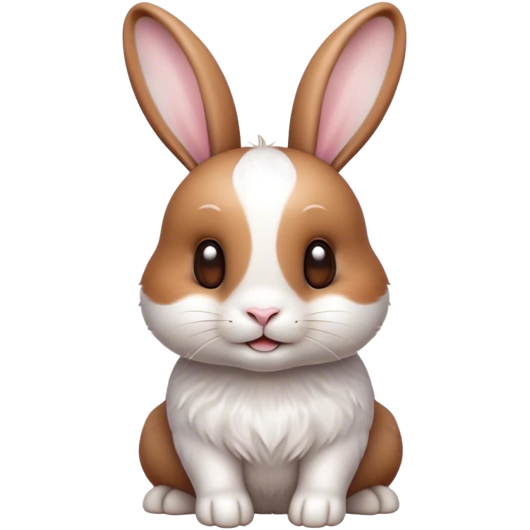 Cinematic Cute White and Brown Rabbit Portrait Emoji, Head tilted playfully and inquisitively, featuring a silky fur with a delicate mix of white and brown patches, round, sparkling eyes filled with curiosity, Simplified yet irresistibly adorable features, highly detailed, glowing with a warm, friendly glow, high shine, affectionate and lively, stylized with a touch of whimsy, bright and endearing, soft glowing outline, capturing the essence of a mischievous yet loving bunny, so playful it feels like it could hop out of the screen and into your arms! emoji
