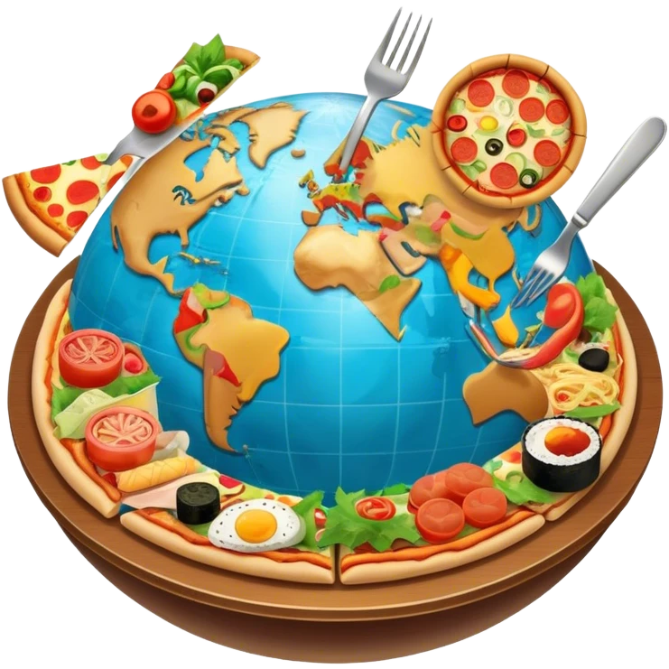 Icon for Gastronomic Tourism: a globe with various cuisines from around the world, such as pizza, sushi, tacos, and pasta, surrounded by food-related travel elements like a fork, knife, and map. Transparent background. emoji