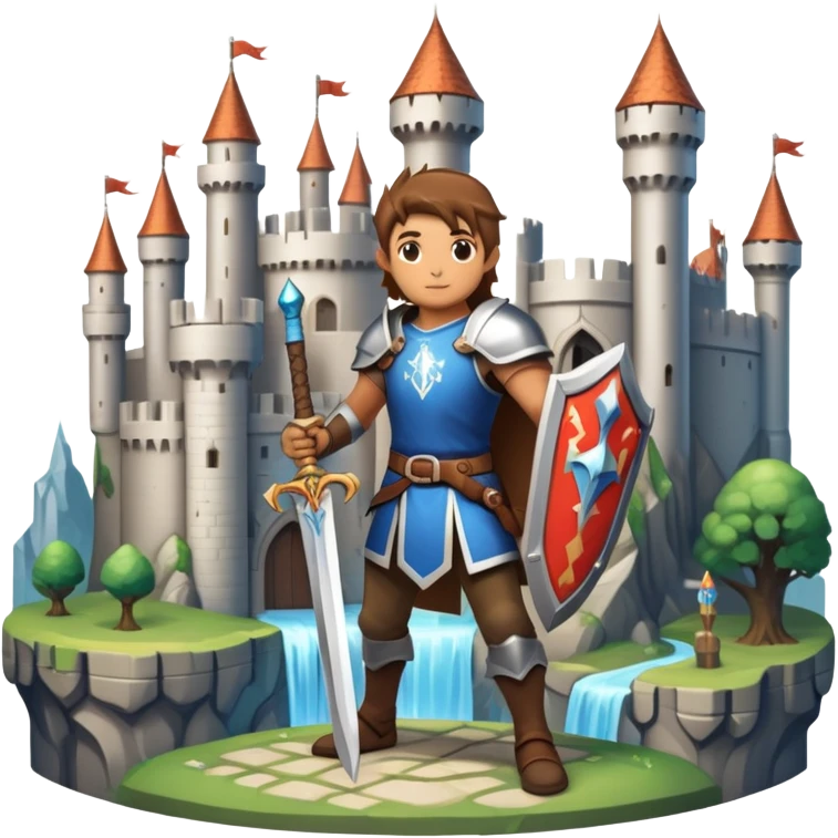 An icon symbolizing a RPG game, featuring a character holding a sword and shield, standing in front of a fantasy world with castles, dungeons and mythical creatures. The design emphasizes exploration, quests with elements like health bars and inventory icons. Transparent background emoji