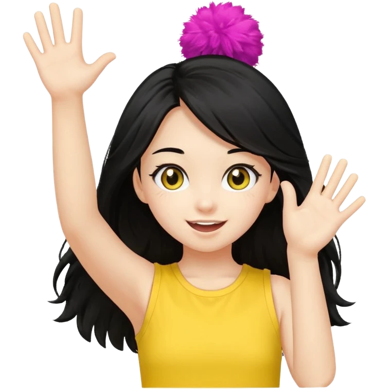 A long black hair teen girl waving pom-poms, eyes sparkling with excitement, yellow top emoji