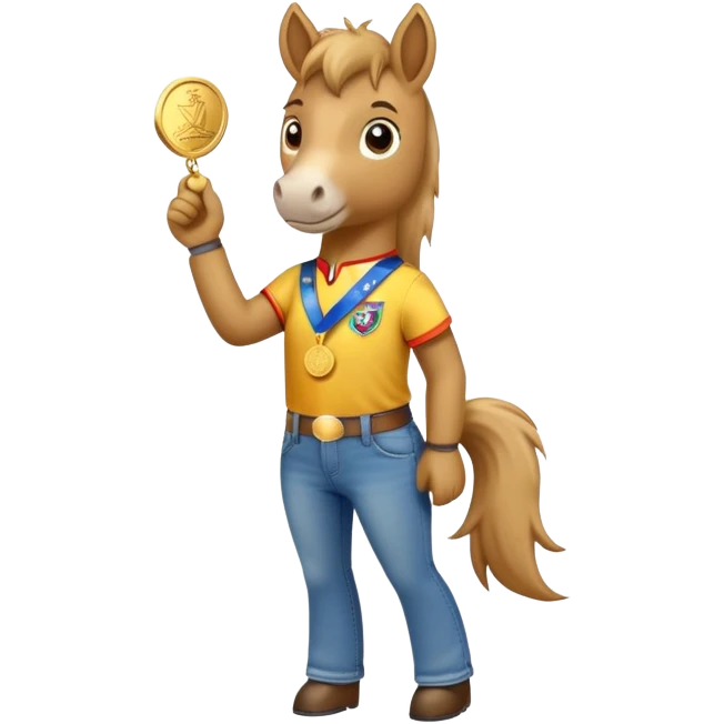 anthropomorphised horse wearing jeans, a t-shirt, and a gold medal emoji