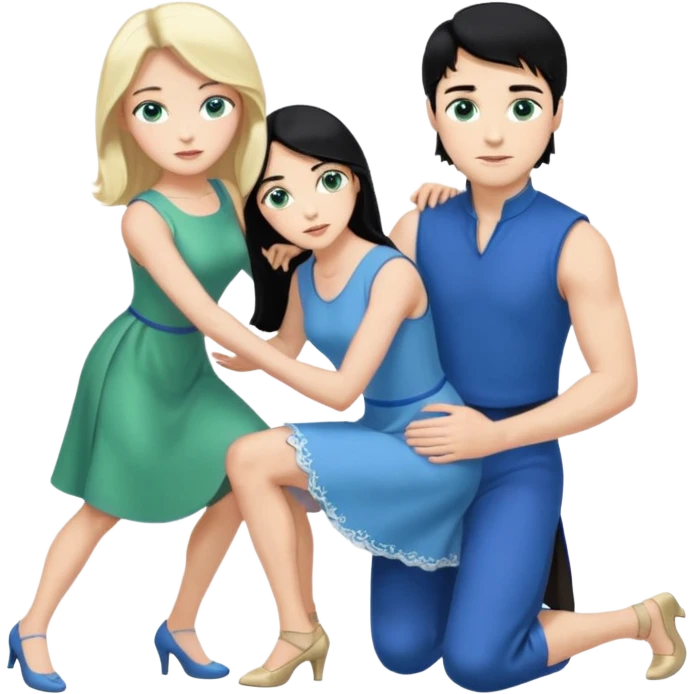prince, upright, black Hair, blue eyes, blue garment,  Woman, blonde Hair, Green eyes, bending knee, sleveless White Dress, emoji