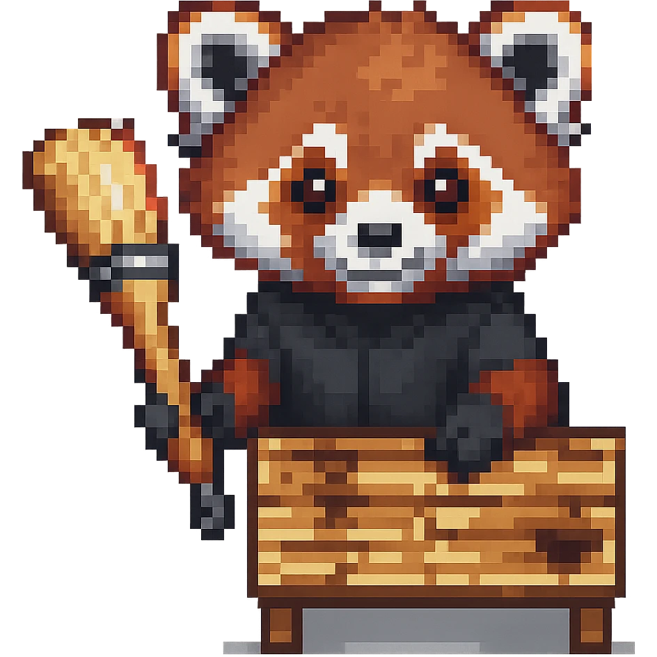 Red panda with brush and pallet, pixel art style emoji