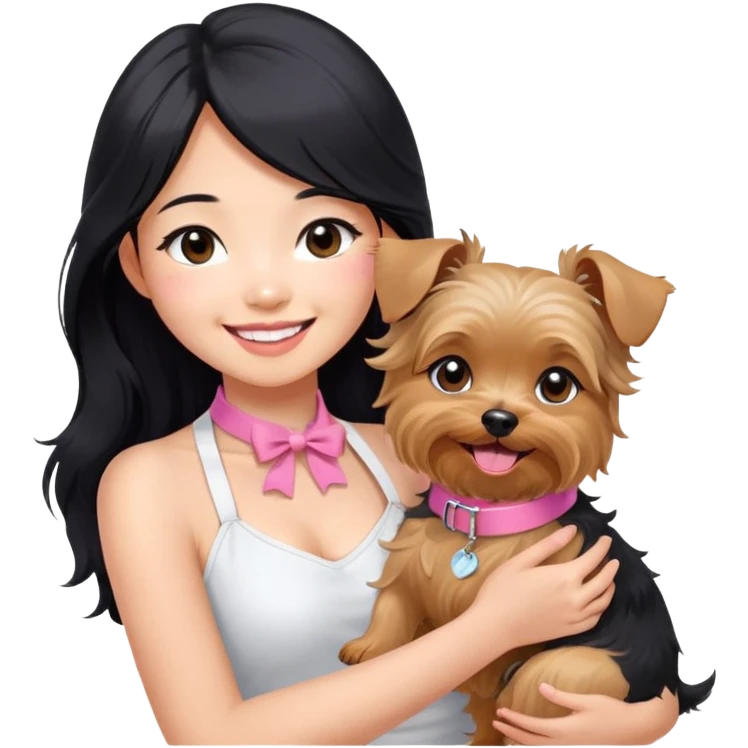 Pretty Asian girl with long, luscious wavy black hair, no hair tie, wearing a cute sleeveless white halter top, smiling warmly while carrying a Yorkshire Terrier with a pink collar in her arms emoji