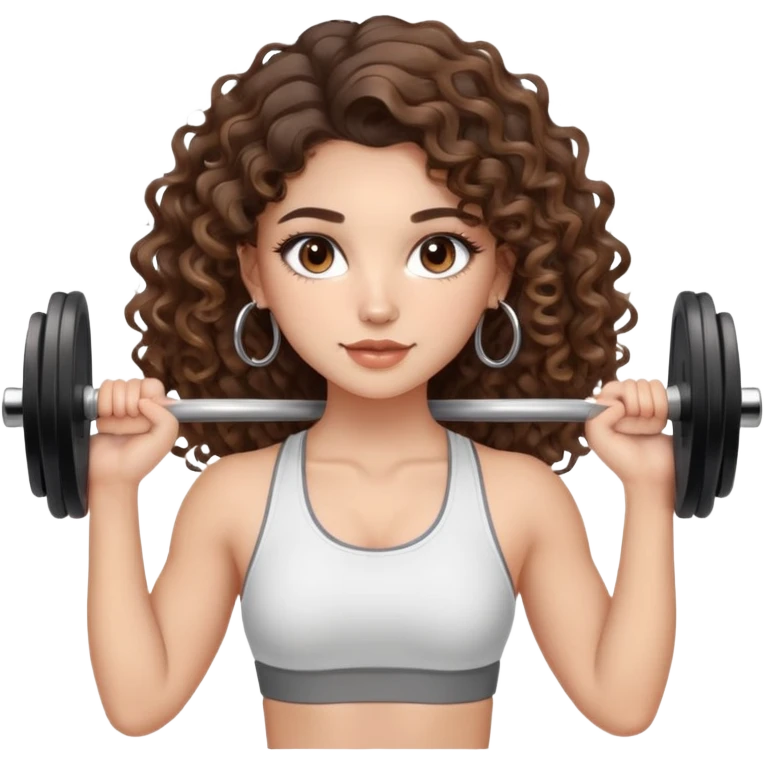 cute girl long brunette balayage curly/wavy not voluminous hair, brown eyes, hoop earrings, natural pretty clean makeup: LIFTING TWO WEIGHTS AT THE GYM emoji