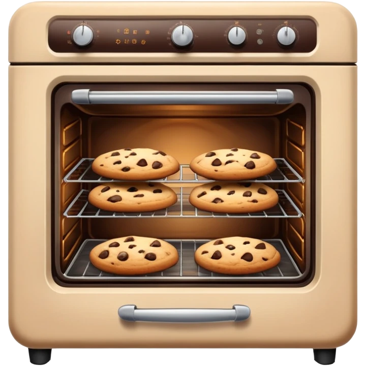 Realistic vintage beige oven with chocolate chip cookies baking inside of it. emoji