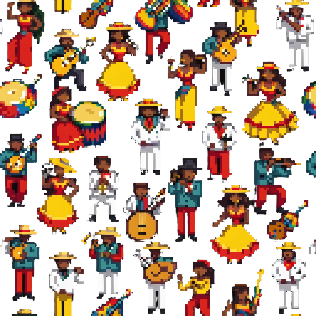 Colombian salsa musicians with instruments and dancers in vibrant colors emoji