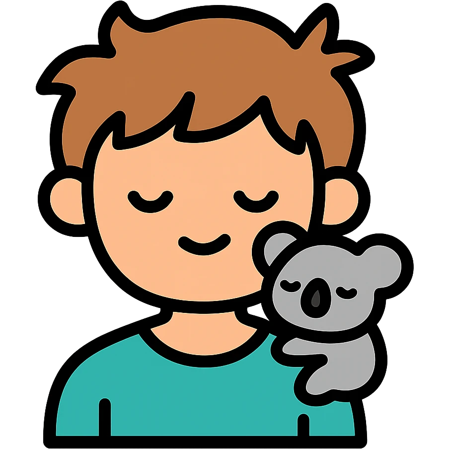 light brown messy haired boy with a very small sleepy koala on his shoulder, color outline icon emoji