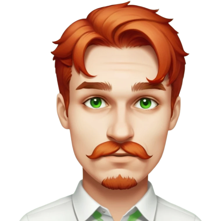 male, wearing white shirt, realistic, brown faint mustache, brown chin beard, light-green eyes emoji