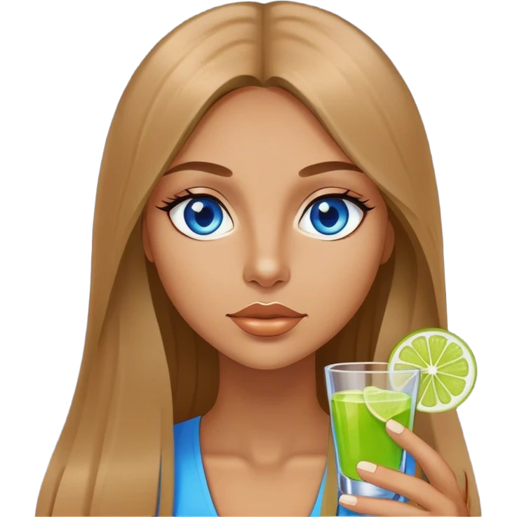 tan woman, long light brown straight hair, blue eyes, holding a shot with lime emoji