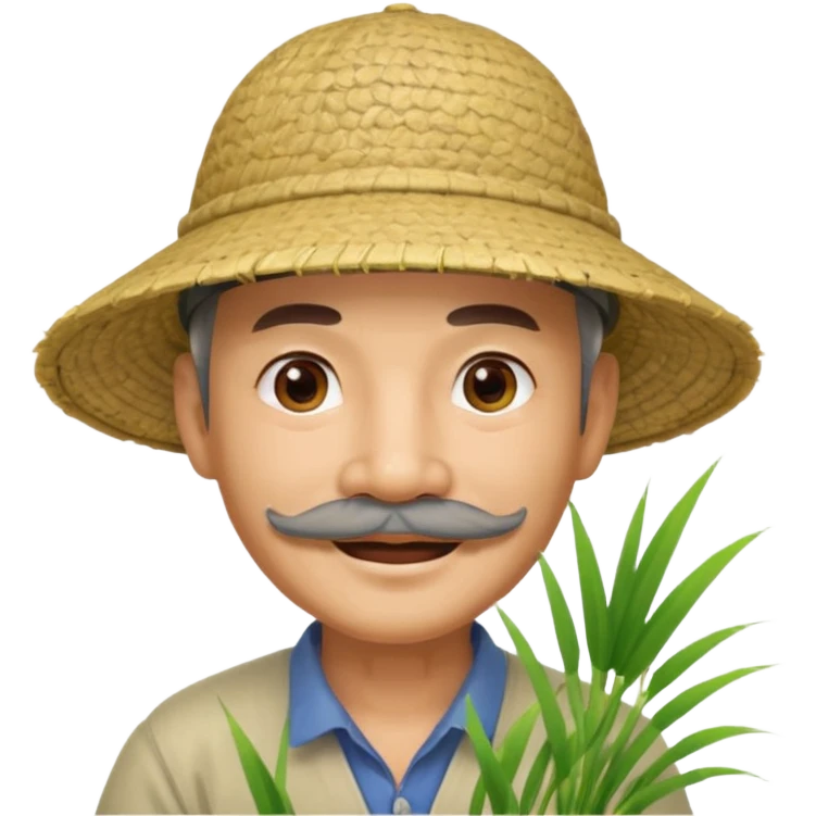 chinese man wearing rice paddy hat with mustache that looks old emoji
