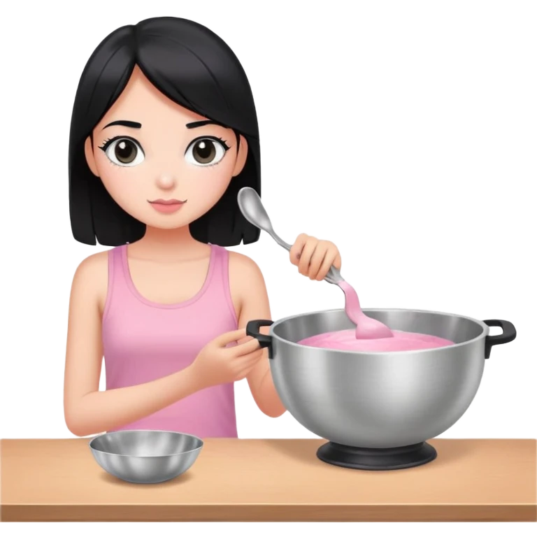 girl with black hair and black eyes white tone skin wearing pink pastel tanktop, and holding a silver bowl cooking or mixing something emoji