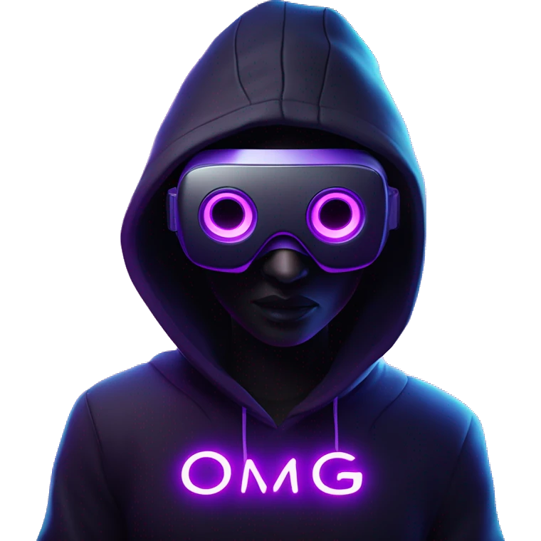 Ilon Mask wearing a black hoodie with "OMG" letters on it and VR headset oculus quest 2 in a cyberpunk VR environment with violet neon lighting. emoji
