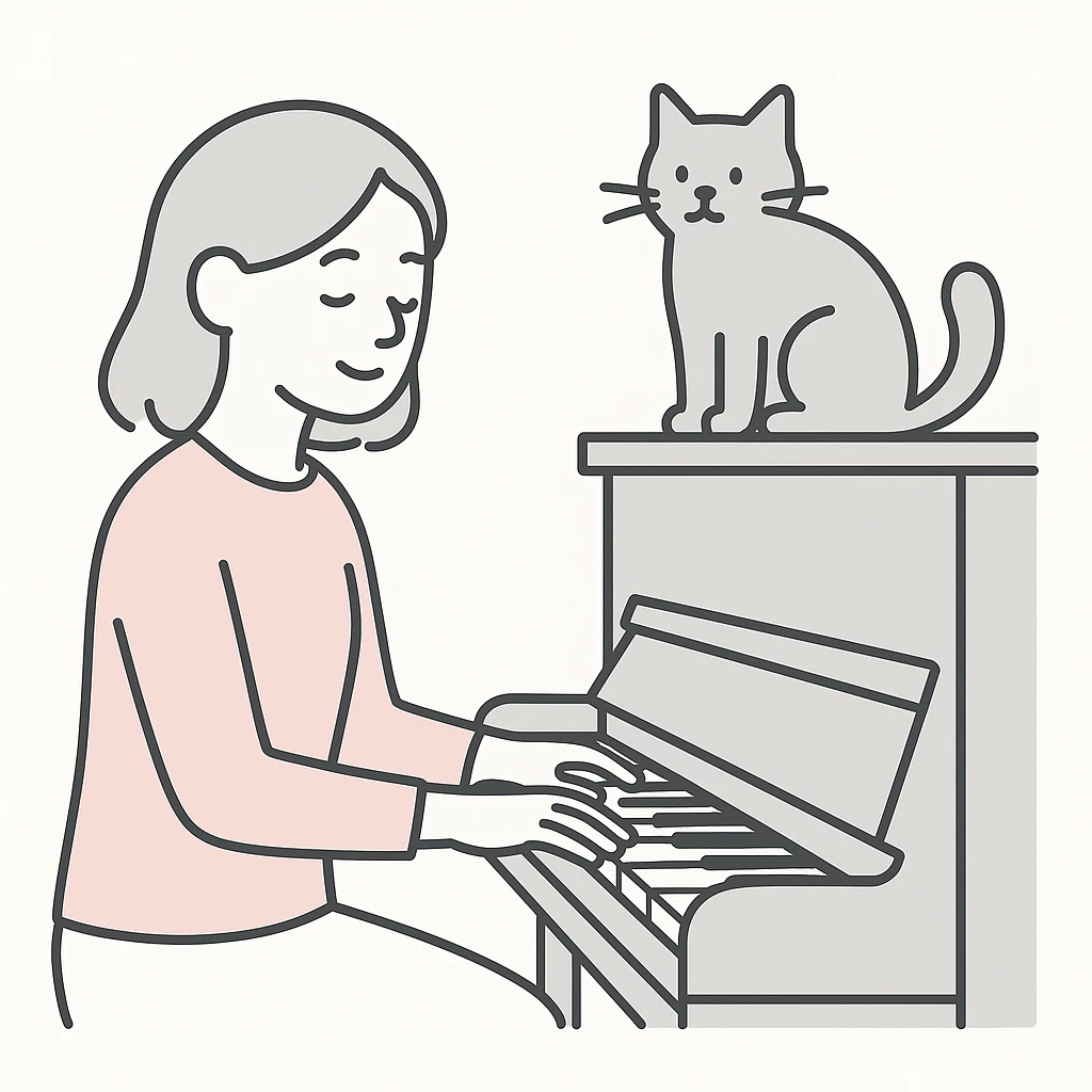 woman playing piano while her cat sits on top of the piano emoji
