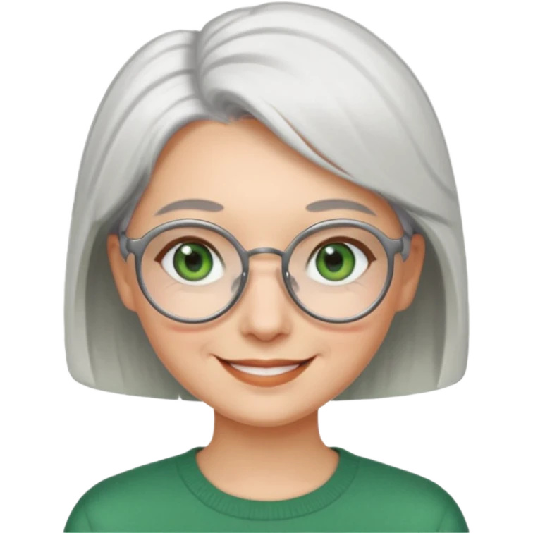 visage femme a lunettes ronde avec cheveux courts gris-blancs aux yeux verts qui souris emoji
