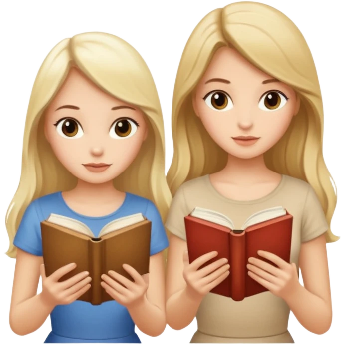 two beautiful girls in beige tops reading a beautiful vintage book. one brunette, the other blonde. both with long hair with and beige T-shirt  emoji