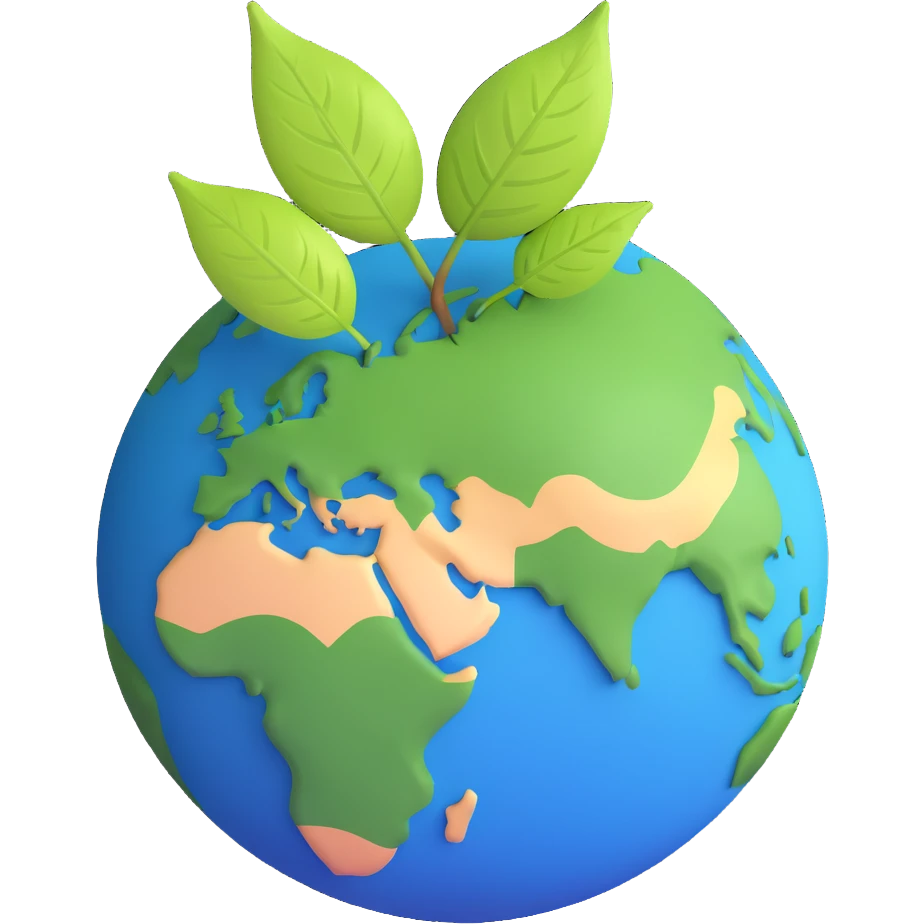 A single green leaf resting gently on top of a vibrant, round Earth globe. The focus is on the leaf and the globe with a simple background and soft natural lighting emoji